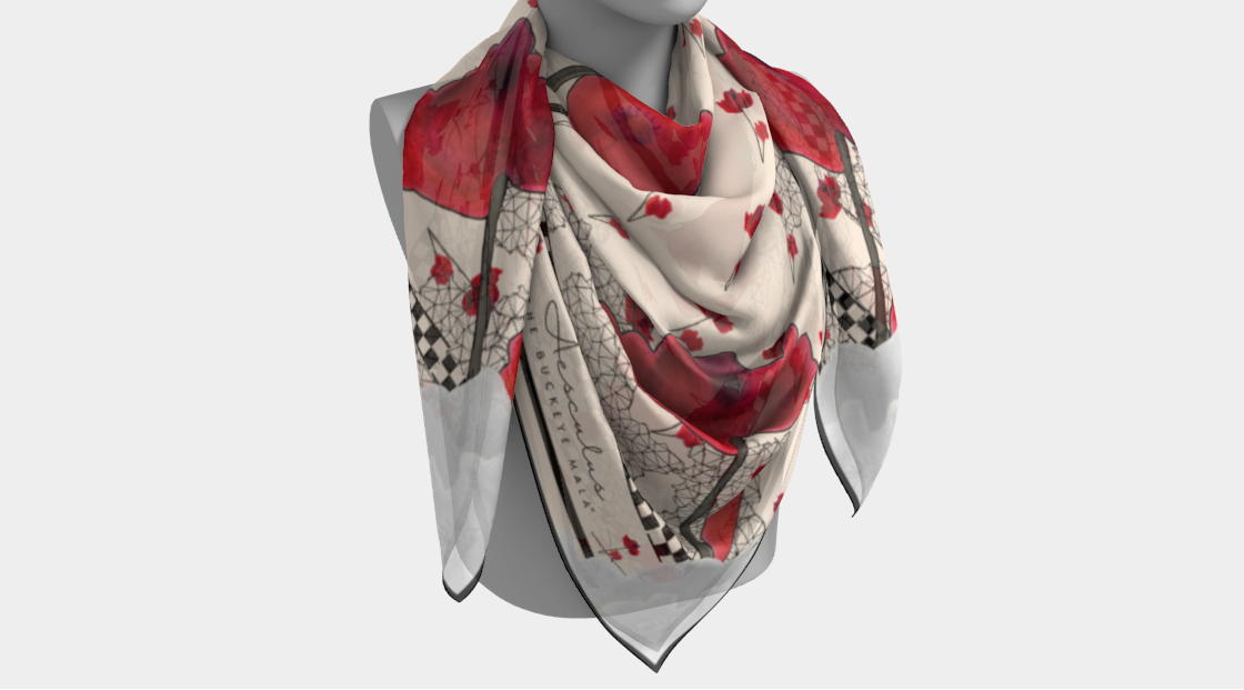 Mannequin wearing a red and white patterned scarf on a light gray background